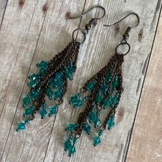 This Is One Of My Original Design And Handmade Vintage Style Earrings. Made With Teal Color Swarovski Crystal Bead Clustered Dangle Earrings. Crystal Fringe, Beaded Chandelier Earrings, Dangle Earrings Boho, Diy Jewlery, Elephant Earrings, Earrings Handmade Dangle, Vintage Style Earrings, Hippie Earrings, Teardrop Dangle Earrings