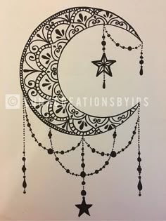 a drawing of a crescent with stars and beads