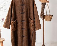 Brown Linen Fall Dress, Long Brown Cotton Dress, Casual Brown Linen Dress For Fall, Brown Linen Dresses With Pockets, Brown Linen Dresses For Fall, Brown Cotton Dresses With Pockets, Brown Cotton Dress With Pockets, Round Collar Dress, Linen Robe