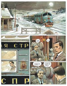 a comic strip with an image of a train coming down the tracks and two men talking to each other