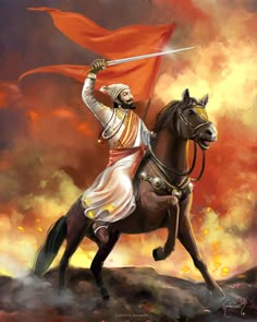 a painting of a man riding on the back of a horse holding a red flag