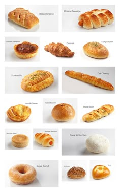 an assortment of breads and pastries displayed on a white background with text below