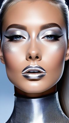 Ultra modern makeup look, super model Sci Fi Makeup Looks, Retro Futurism Makeup, Robot Makeup Look, Make Up Artist Aesthetic, Drag Makeup Ideas, Futuristic Makeup Looks, Sci Fi Makeup, The Beauty Of Anime, Robot Makeup