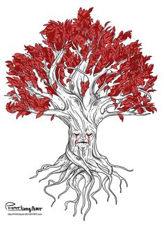 a drawing of a tree with red leaves on it's branches and the roots showing