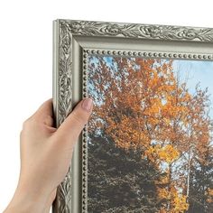 a person holding up a silver frame with an image of trees in the fall colors