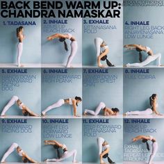 a woman doing yoga poses in front of a blue wall with the words back bend warm up and chakra namask