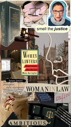 the collage shows many different types of papers and books, including women's law