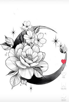 a drawing of a flower on the moon with stars and hearts in the sky above it