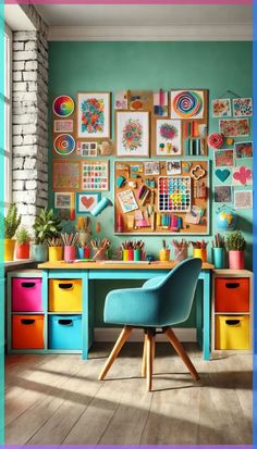 a desk with colorful drawers and pictures on the wall above it, along with a blue chair