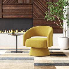 a yellow chair sitting in front of a fire place next to a potted plant