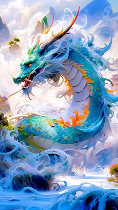 a painting of a blue dragon in the sky with clouds and water around it,