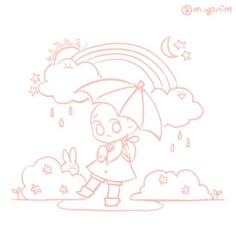 a drawing of a girl holding an umbrella in the rain with stars and clouds behind her