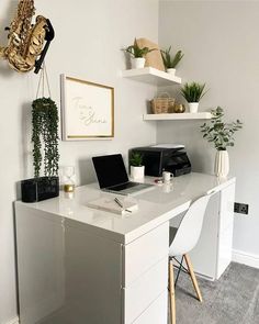 a white desk topped with a laptop computer next to a potted plant on top of a wooden shelf