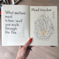 a hand holding up an open notebook with writing on it and the words, what matters most? is how well you walk through the fire