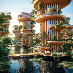 an artistic rendering of a futuristic city with trees and plants on the top of it