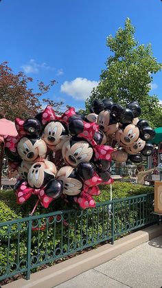 mickey mouse balloons in the shape of minnie's heads on display at an amusement park