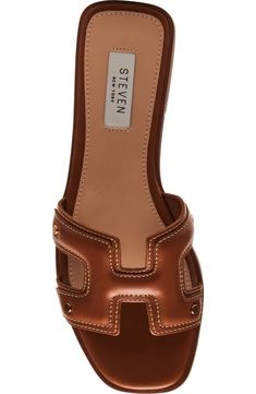 Steven New York Harlien Slide Sandal (Women) | Nordstromrack Trendy Brown Leather Slides, Summer Square Toe Mules With Leather Footbed, Luxury Synthetic Slides, Designer Slides For Summer, Luxury Slide Mules For Spring, Luxury Spring Slide Mules, Designer Brown Slides, Designer Square Toe Summer Mules, Designer Synthetic Slides For Summer