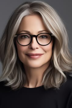 For a natural appearance consider getting a subtle balayage on your long bob haircut. The gradual color transition from the roots to the tips adds depth and dimension to your hair. Click here to check out more elegant hairstyles for women over 60 with glasses. Lob With Glasses Hairstyles, Long Bob With Glasses, Glasses For White Haired Women, Long Bob Over 50, Long Hair With Glasses, Long Hairstyles With Glasses, Haircut With Glasses, Haircuts For Glasses Women, Medium Hair Styles For Women