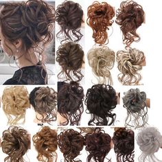 Style: Curly. Material: High Temperature Fiber. It is both natural looking and soft touch. You can wear it to parties as well as for daily use. 30 colors for your choice: As the picture shows. Scrunchie Updo, Messy Curly Bun, Cover Hair, Trend Ideas, Curly Bun, Textured Curly Hair, Bun Hair Piece, Chignon Hair, Wig Styling