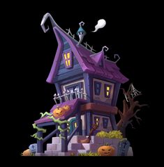 a cartoon house with halloween decorations on the roof