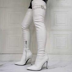 1 White Thigh High Boots, White Thigh Highs, Women's Over The Knee Boots, Thigh High Heels, Leather Thigh High Boots, Thigh High Boots Heels, Womens Stilettos, Wrap Heels, Stiletto Boots