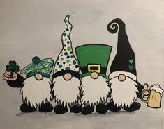 a painting of gnomes with beer and hats