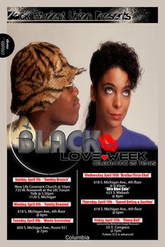 black love week flyer with two people and a cat on the back side of it