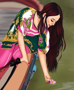 a painting of a woman leaning on a pole with her foot in the water while wearing pink and green clothing