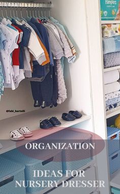 an organized closet for nursery dressers with clothes and shoes on the bottom shelf,