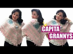 two women in crocheted ponchy shawls with the words capital granny's