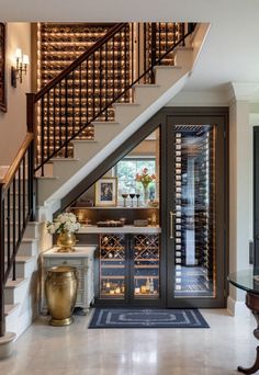 Staircase Storage Under Stairs Understair Wine Room, Under The Stairs Bar Ideas, Cellar Under Staircase, Wine Staircase, Under The Stairs Wine Cellar, Staircase Area Design, Understairs Bar Ideas, Under Stair Wine Storage, Wine Closet Under Stairs