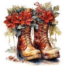 a pair of boots with poinsettis and holly leaves on them, painted in watercolor