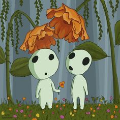 two cartoon characters are standing in the grass with flowers on their heads and one is looking at another