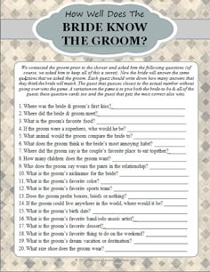 a question sheet for the bride and groom to be answered in this wedding quiz game