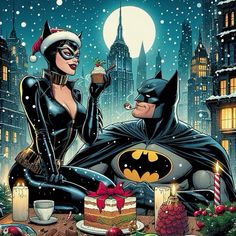 batman and catwoman eating cake in front of the city at christmas time with candles