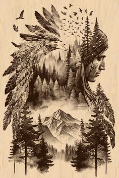 Double Exposition, Nature Tattoo, Native American Men, Elements Of Nature, Digital Drawings, Tattoo Sleeve, Oct 31, Native Art, Native American Art