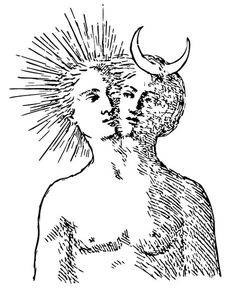 a black and white drawing of a woman with a sun on her head, vintage line drawing or engraving illustration