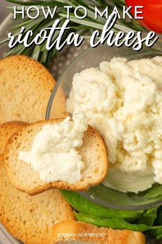 a bowl filled with ricotta cheese next to bread