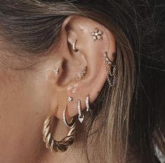 a close up of a person with ear piercings on their left side of the ear