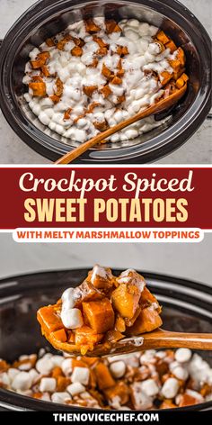 crockpot spiced sweet potatoes with marshmallow toppings are the perfect side dish