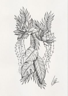 an ink drawing of flowers and leaves