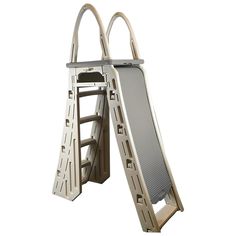 a metal step ladder with an open door on the top and bottom section, in front of a white background