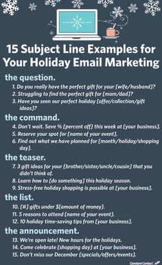 a holiday email marketing checklist with the text 15 subject line examples for your holiday email marketing