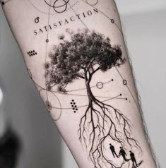 a man with a tree tattoo on his arm that has the words satisfaction written in it