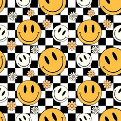 a checkered background with smiley faces and flowers