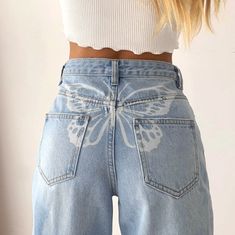 Painting Jeans, Butterfly Pants, Printed Denim Pants, Celana Fashion, Painted Clothes Diy, Casual Denim Pants, Streetwear Jeans, Print Jeans, Painted Jeans