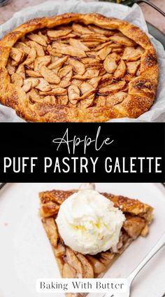 apple puff pastry galette with butter on top and an image of the pie in the background