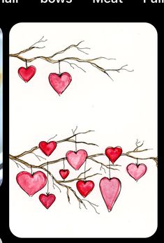 two pictures with hearts hanging from branches, one is colored pink and the other has red