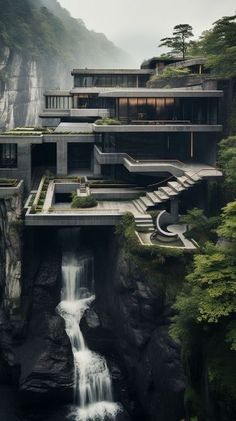 a house with waterfall in front of it