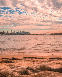 sunset at milk beach with sydney city skyline in the background